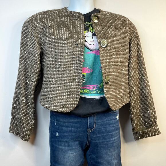 Carlisle Vintage 80s 90s Taupe Classic Tailored Tweed Wool Cropped Jacket 8 M - Picture 8 of 12